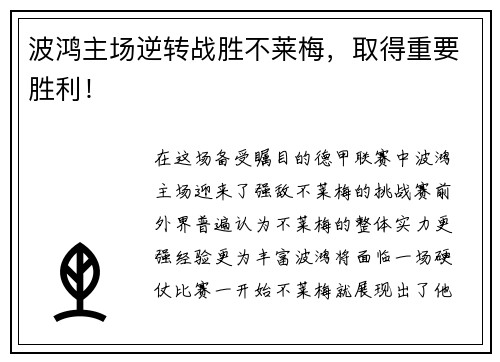 波鸿主场逆转战胜不莱梅，取得重要胜利！