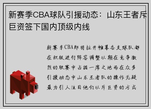 新赛季CBA球队引援动态：山东王者斥巨资签下国内顶级内线