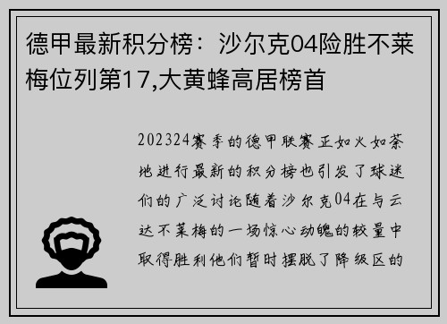 德甲最新积分榜：沙尔克04险胜不莱梅位列第17,大黄蜂高居榜首