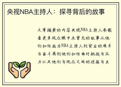 央视NBA主持人：探寻背后的故事